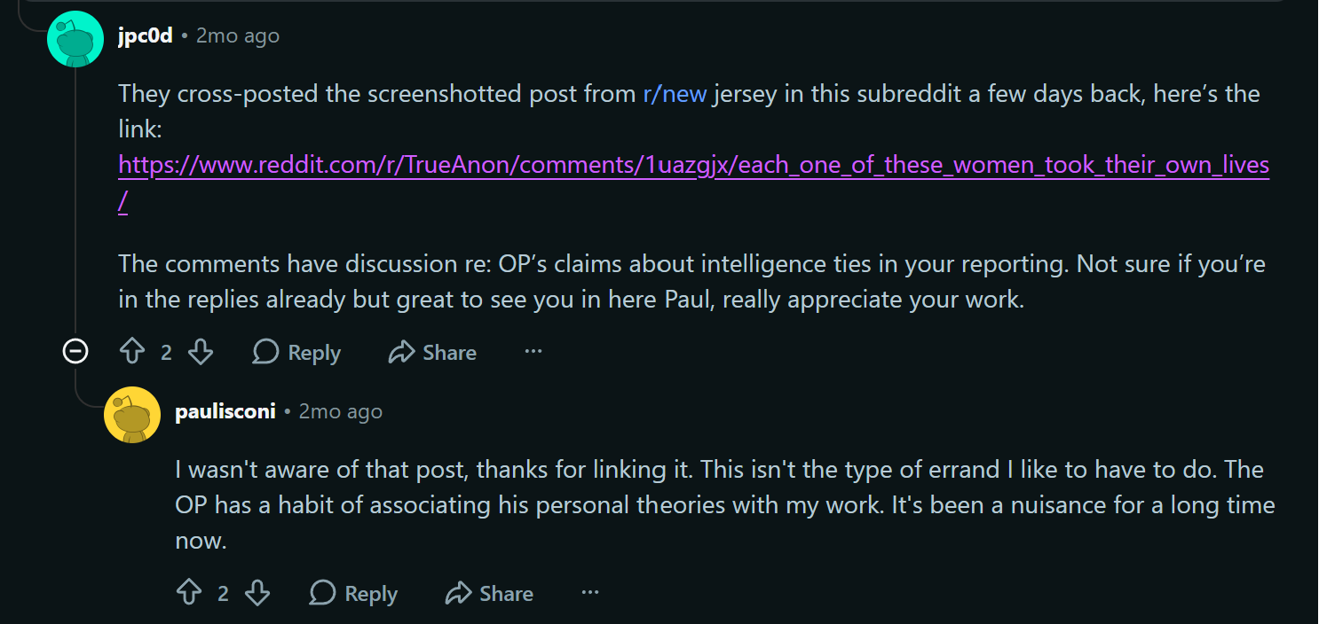 Reddit screenshot showing Paul Mulholland responding to claims being associated with his reporting and describing the situation as a long-running nuisance.