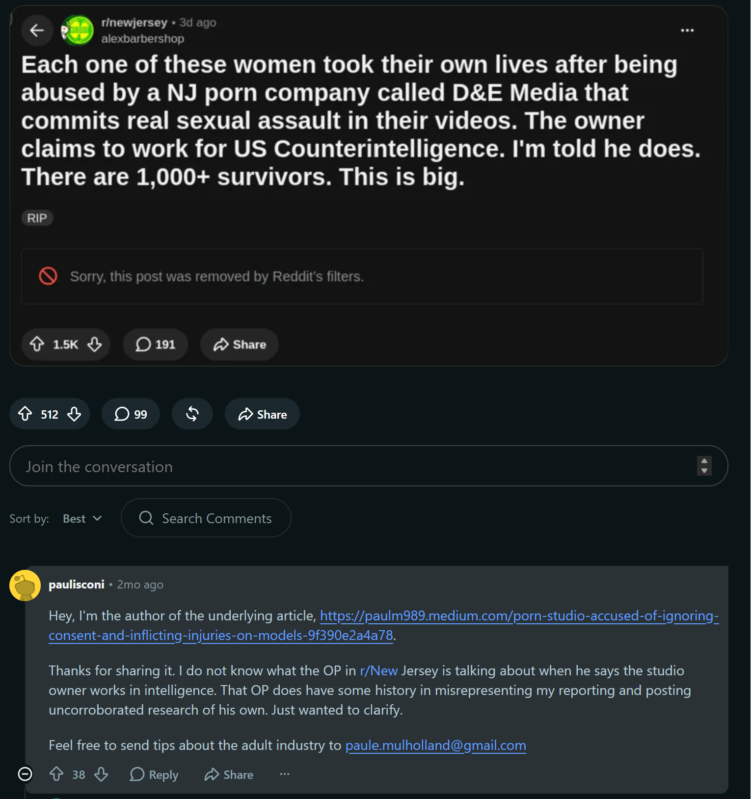 Reddit screenshot showing journalist Paul Mulholland publicly distancing his reporting from unsupported claims made by Alex.